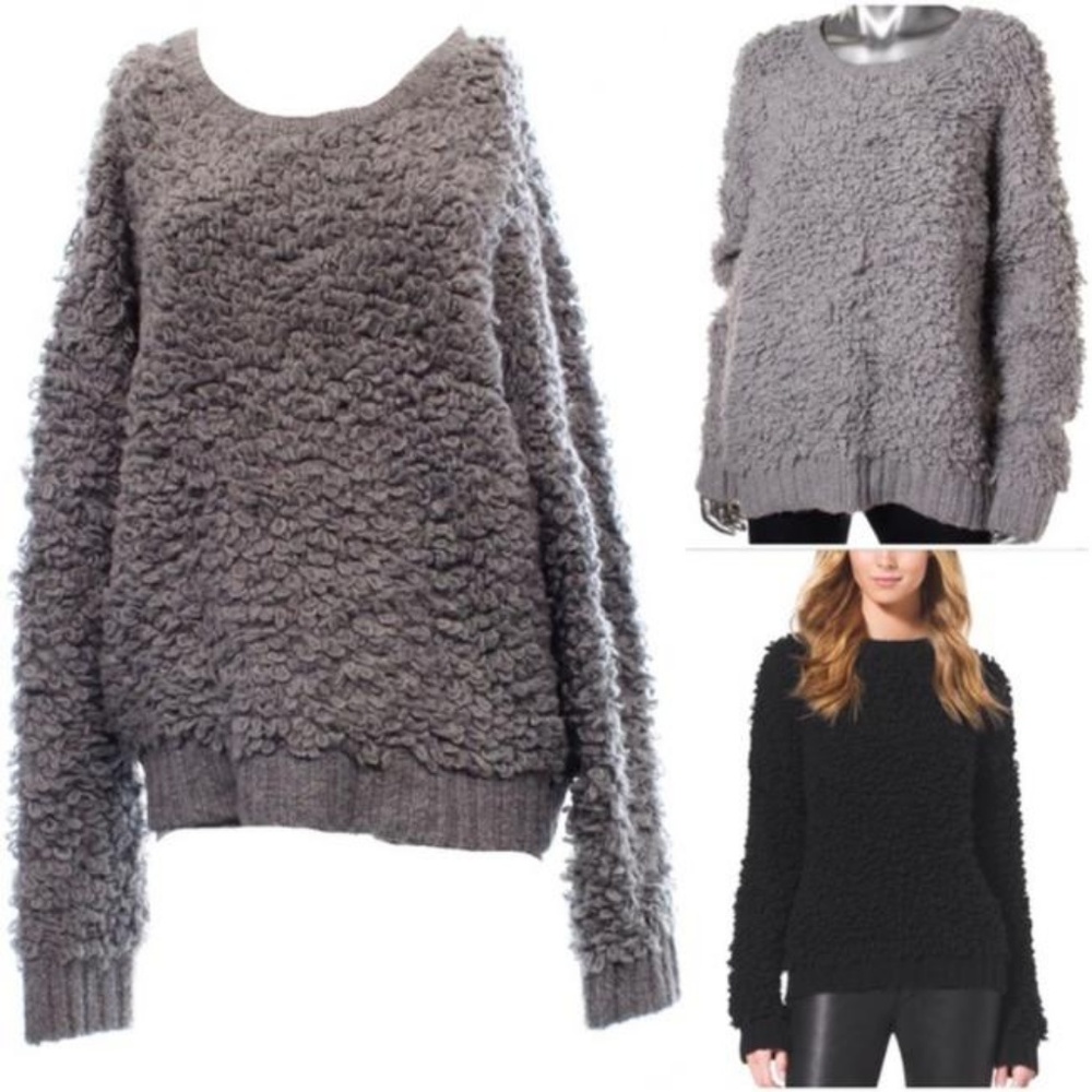 NWT Micheal Kors Wool Crewneck Long Sleeves Sherpa Shag Gray Women Cozy Sweater